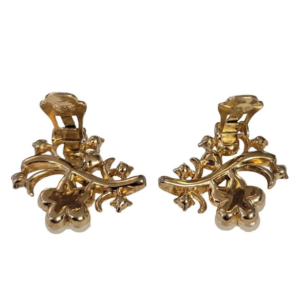 Trifari Vintage Gold Tone Faux Pearl Clear Baguette Rhinestone Clip Earrings E08 - Picture 7 of 12